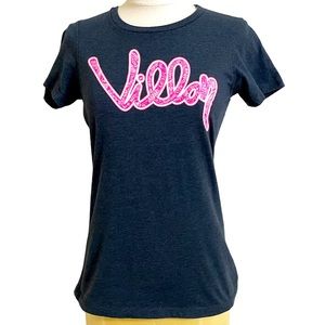 VILLON Womens Gray Pink Logo Graphic Short Sleeve Tee